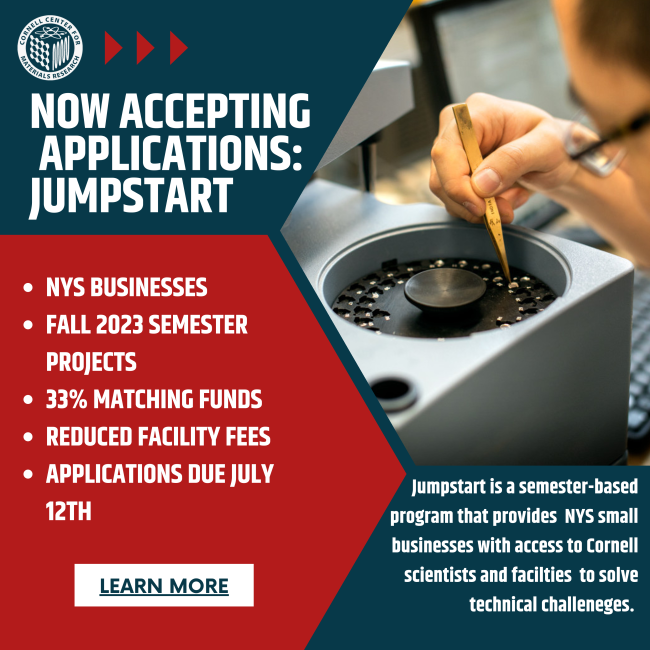 Hey, NY businesses! Do you have a materials -related problem that needs a solution? Collaborate with Cornell experts and get up to $5,000 in matching funds from NY State by applying for the JumpStart program by July 12, 2023! @EmpireStateDev @Cornell_CTL @CornellRsrch #NYBiz