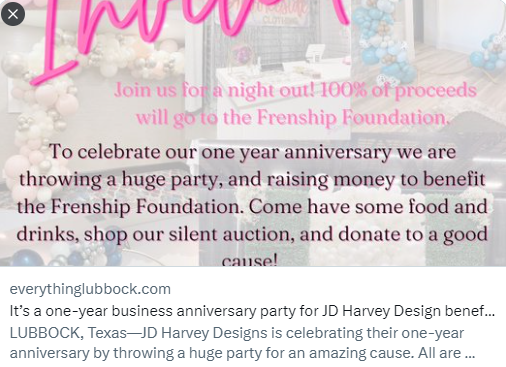 Frenship_FFL's tweet photo. Check it out!! JD Harvey Designs was featured on @KLBKNews Trends &amp; Friends for his upcoming FREE event on July 7th! 100% of the proceeds from the event &amp; silent auction will benefit the Frenship Foundation! Thank you, JD!

Watch his interview here: https://t.co/RsS2CxxIfR https://t.co/pAjCVZUA49