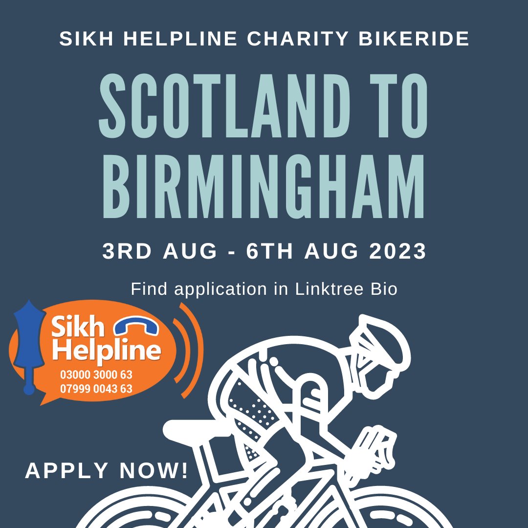 SikhHelpLine's tweet photo. EXCITING NEWS!
The Sikh Helpline PRO Bike Ride is back!
Are you 18+?
Can you cycle
Are you passionate about the support Sikh Helpline offers?
Then this is for you!
Please see our Linktree in our bio for registration and more information
#sikhhelpline #helloscotland https://t.co/NH35brpY4U