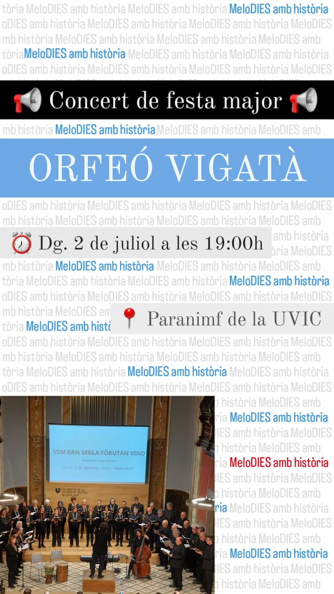 OrfeoVigata's tweet photo. "meloDIES amb història" és un concert que vol expressar -a través de la música- les emocions al voltant de cinc tòpics (pau, igualtat, pàtria, llibertat i esperança).

⏰️ Diumenge 2 de juliol a les 19:00h
📍 Paranimf de la UVIC
🎟 Entrades:
https://t.co/aGH43oEqLF https://t.co/LFSkjT6QnK
