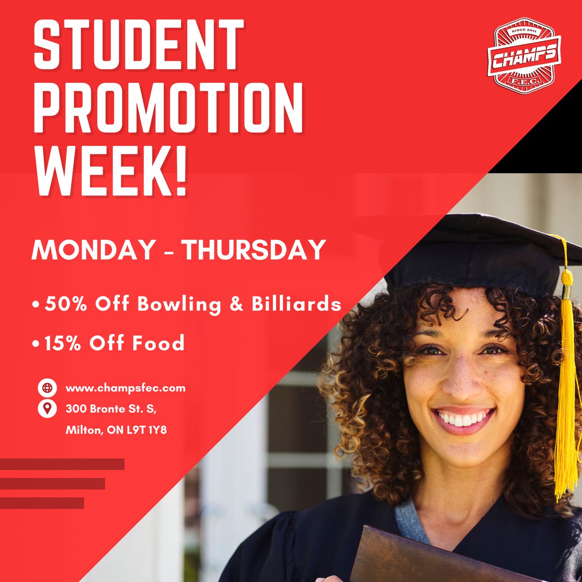 ChampsFEC's tweet photo. It's STUDENT WEEK at CHAMPS!!! ๐จโ๐๐ฉโ๐๐โ๏ธ๐ฉโ๐ซ๐จโ๐ซ
Students in groups of 4 or more who show their student ID cards will get 50% off #bowling & #billiards PLUS 15% off all their food!
Promotion on today to Thursday June 29th!
#CHAMPSMilton #MiltonON #milton #miltonont #miltonontario https://t.co/eDVM0oqcs1
