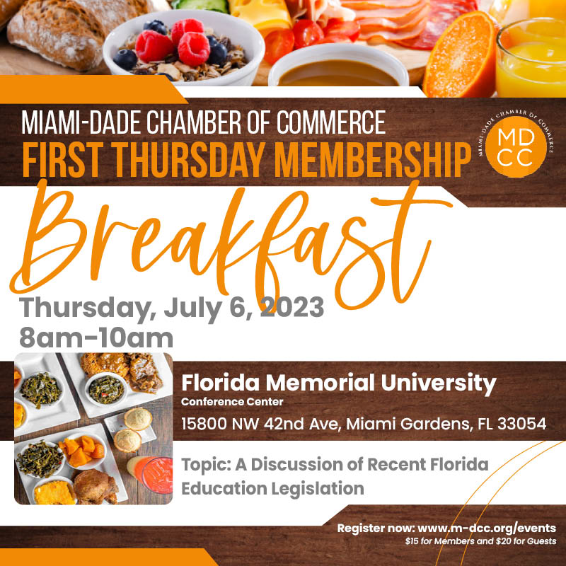 Join us for our First Thursday Membership Breakfast. Each One brings One!

Thursday, July 6, 2023 | 8 am - 10 am
Florida Memorial University
Conference Center 

To register, Click on "Events" at m-dcc.org 
#MDCC