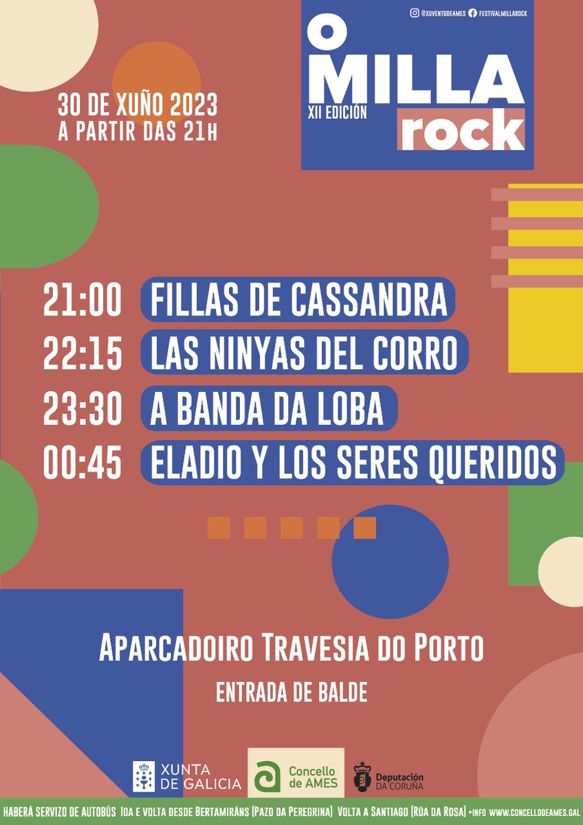 concellodeames's tweet photo. ⏰ Velaquí os horarios do XII #Millarock!

🎵 Este venres 30, de balde, no aparcadoiro da travesía do Porto do #Milladoiro.

🔹 21:00 @fillasdecassmp3
🔹 22:15 @ninyasdelcorro
🔹 23:30 @abandadaloba
🔹 0:45 @Eladioylosseres

🔗 https://t.co/Dadzy10RyR

#SomosAmes #AmesCultura https://t.co/v8MgRxajnd