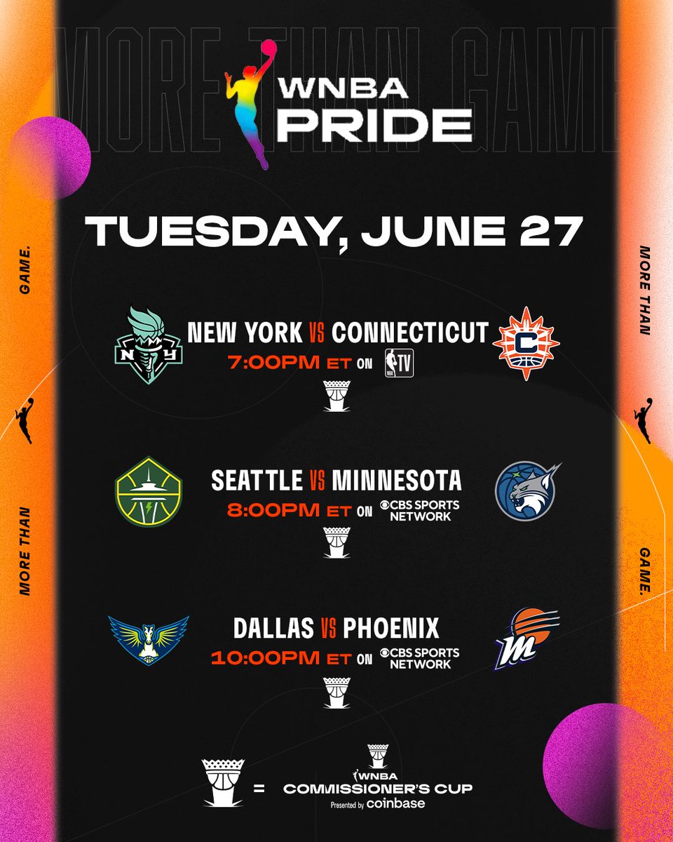 TUNE IN 📺

We got 3 #CommissionersCup games starting with the @nyliberty and @ConnecticutSun at 7pm/ET on @NBATV

Then a @CBSSportsNet double-header starting at 8pm/ET with the @seattlestorm, @minnesotalynx, @DallasWings and @PhoenixMercury taking the floor

#MoreThanGame