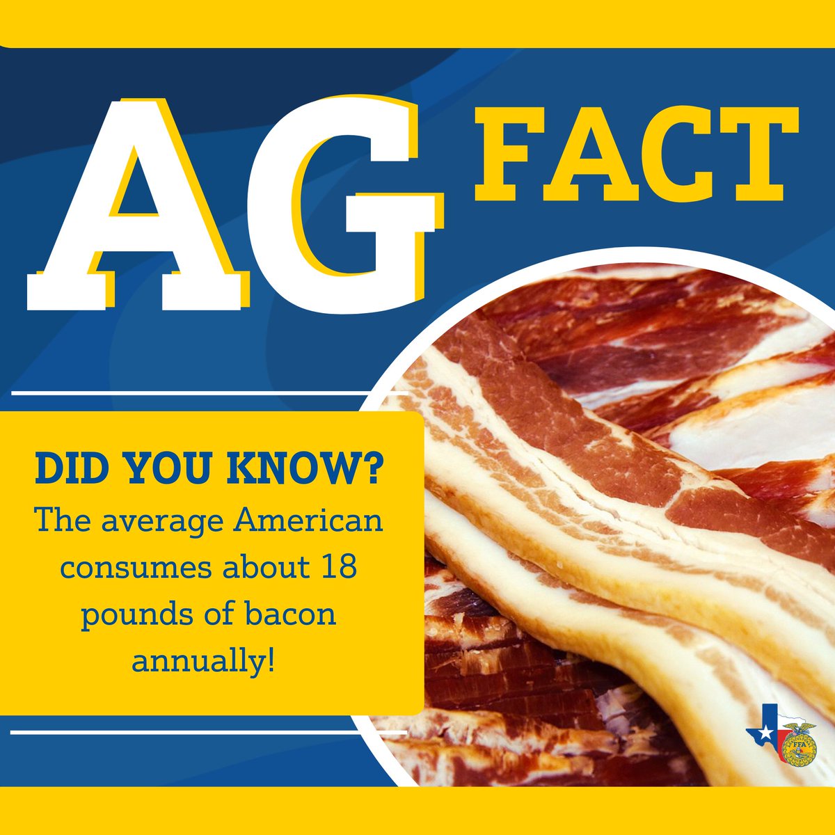 Did you know the average American consumes about 18 pounds of bacon annually? #TexasFFA #AgFacts