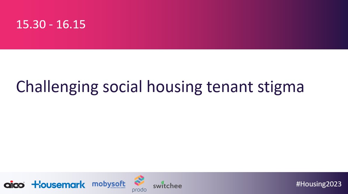 The last Tenant and Resident Engagement session today is at 3:30 on challenging social housing tenant stigma with Luke Denton <a href="/Brent_Council/">Brent Council</a>, Catherine George @SLH_Homes, Pam Hankinson <a href="/sshscampaign/">Stop Social Housing Stigma</a>, Dr Mercy Denedo <a href="/durham_uni/">Durham University</a>, Amanze Ejiogu <a href="/SBSHallam/">The Sheffield Business School</a>.

#Housing2023