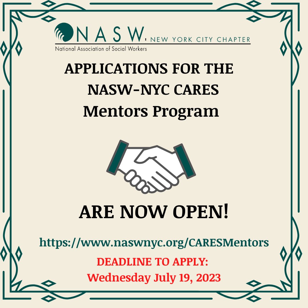 NASWNYC's tweet photo. Applications for the NASW-NYC CARES Mentors Program are NOW OPEN!

Looking to become a Mentor? Looking FOR a Mentor?
Join the Program!

🚨DEADLINE JULY 19, 2023! 🚨
https://t.co/9T7AXnqO1K https://t.co/F9xSobyVsp