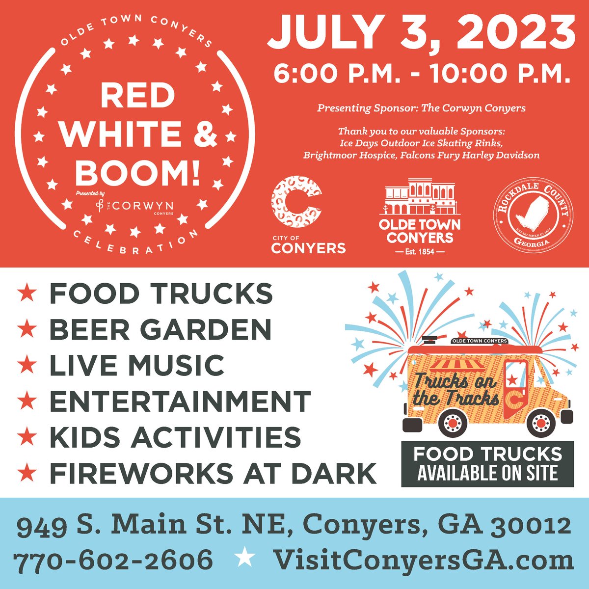 RockdaleGov's tweet photo. Come to the Red, White, and Boom Event and celebrate in style. Enjoy delicious food trucks, a beer garden for the adults, live music, fun activities for the kiddos, and incredible fireworks show at dusk! Join us and have the best Fourth of July yet! #RedWhiteBoom #FourthOfJuly https://t.co/zGTTVZQ9Qj