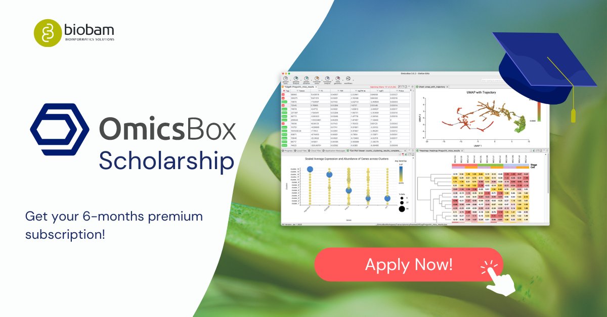 bio_bam's tweet photo. 🎓Calling all students! Apply for the #BioBam Student Scholarship from July 1st to September 30th, and get granted with a 6-month premium subscription of #OmicsBox!  https://t.co/IhHBYQ4vXM

#Genomics #ScholarshipAlert #Research #Bioinformatics #ComputationalBiology #DataScience https://t.co/4bdVNmrhNg
