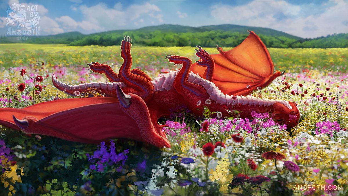 Newest art 👉👈 Oh to be a dragon! No school, no work, just flop on a flower field ☀️🌹