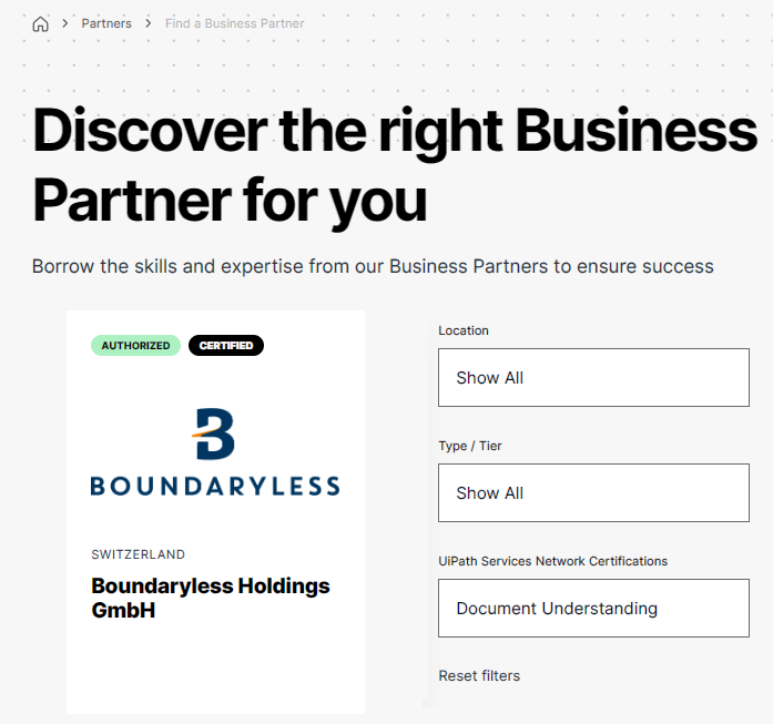 I am thrilled to announce that Boundaryless Group has been recognized and certified by UiPath as a USN partner specialized in #documentunderstanding, the highest level of recognition by <a href="/UiPath/">UiPath</a>
boundaryless.com

#UiPath #UiPathCommunity #RPA #IntelligentDocumentProcessing