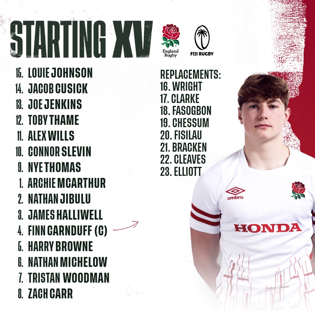 EnglandRugby's tweet photo. 𝐓𝐞𝐚𝐦 𝐍𝐞𝐰𝐬🌹

Mark Mapletoft has named his England U20 Men's side to face Fiji in their second World Championship pool fixture on Thursday (18:00 BST)

📺 The game will be streamed live on @WorldRugby channels