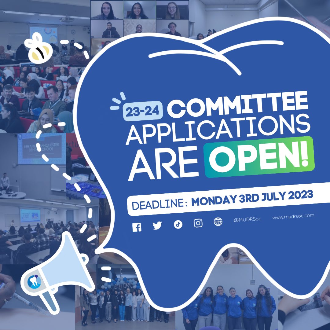 mudrsoc's tweet photo. 📣 COMMITTEE APPLICATIONS ARE OPEN FOR 2023-2024! (UoM students only 🐝)

You’ll get the chance to enhance your CV, help organise the LARGEST national conference for dental students, and network with staff + students! 🌟

If you’re interested, apply here: https://t.co/qMnnP9hdTu https://t.co/qKjp4uvw5E