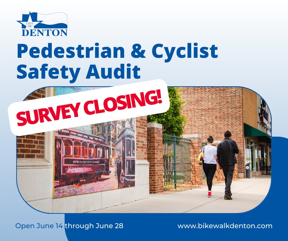 cityofdentontx's tweet image. Last chance: We want to know what you think, Denton! 

Take part in our Pedestrian and Cyclist Safety Perception Survey and help shape the future of pedestrian and cyclist safety in our city. Share your voice!  

English: surveymonkey.com/r/BikeWalkDent… 
Español: es.surveymonkey.com/r/SSHL2BF