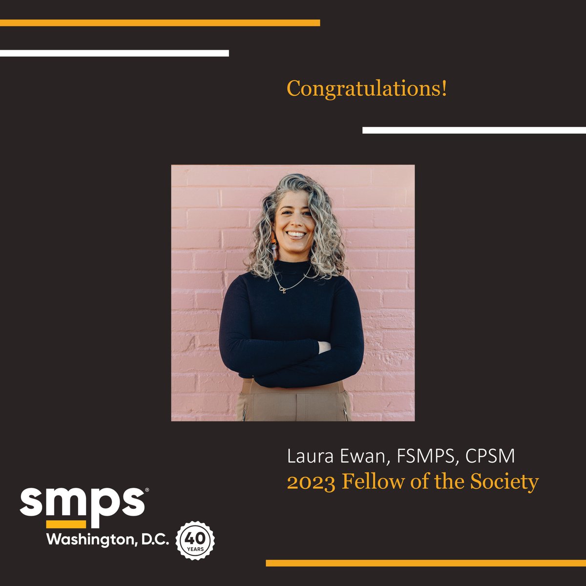Congratulations to SMPS DC’s very own, Laura Ewan of <a href="/HickokCole/">Hickok Cole</a> for recently being named a Fellow of the Society by <a href="/SMPSHQ/">SMPS</a> ! With this honor, she joins a group of 132 Fellows who represent the highest level of experience &amp; leadership in marketing/BD with the A/E/C industries.