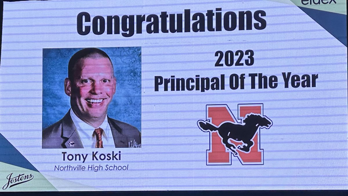 AaronPBaughman's tweet photo. @nhsstangs1 Principal of the Year Tony Koski was recognized today for the amazing work he has done in creating a stellar school environment where kids feel safe, supported, included and loved. @NorthvilleEDU #npsworldofpossibilities https://t.co/Kxdkho9spV