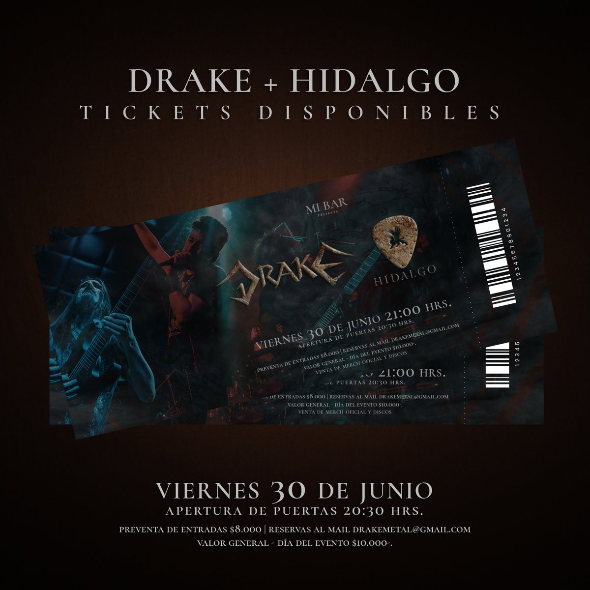 #DrakeMetal⚡️ Quedan pocos días de preventa. Aprovecha ahora!

Ticket preventa $8.000-.
Ticket general y día del evento $10.000-.

Viernes 30 de Junio.
Apertura de puertas 20:30hrs.

Ingresa acá bit.ly/3NeqLhS