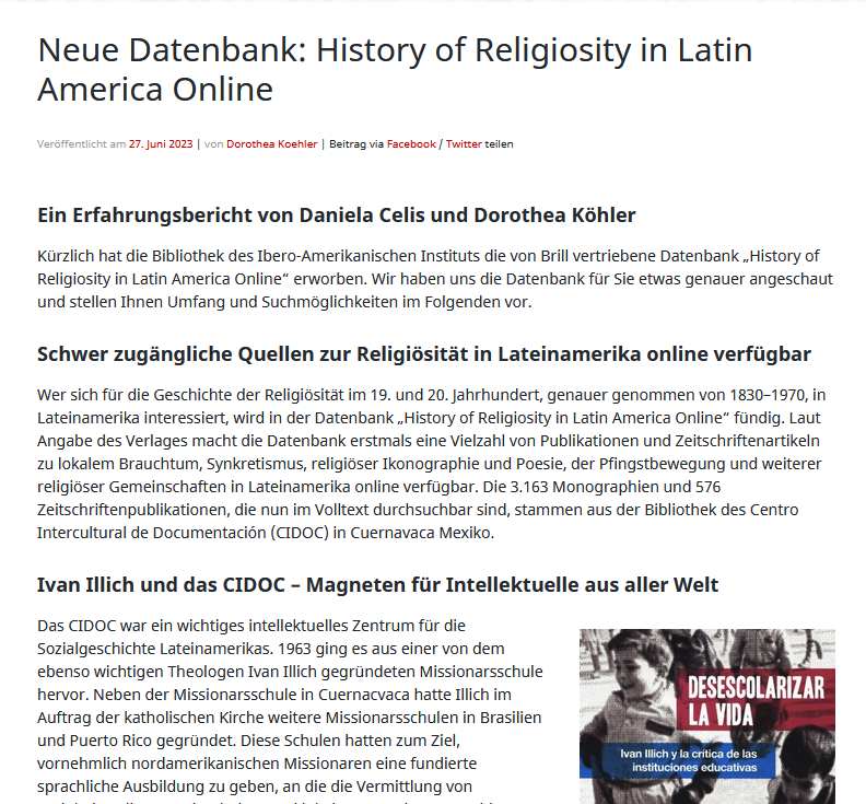 IAI_Bibliothek's tweet photo. 💻Zum #DatabaseTuesday stellen wir Ihnen "History of Religiosity in Latin America Online" vor. Ein Muss für alle, die an lokalem Brauchtum und gelebter Religion in L.A. interessiert sind. Mehr dazu auf unserem FID-Blog👉https://t.co/LPHiklRtEM
#ResearchResources @Brill_Religious https://t.co/SjkPFADq7T