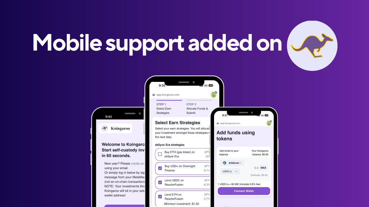 🚀UPDATE: Mobile support added on Koingaroo!🥳

🦘Invest in multiple tokens across chains in 60 seconds - anytime, anywhere!📲

👀Check out short demo here: youtube.com/watch?v=cyroNP…