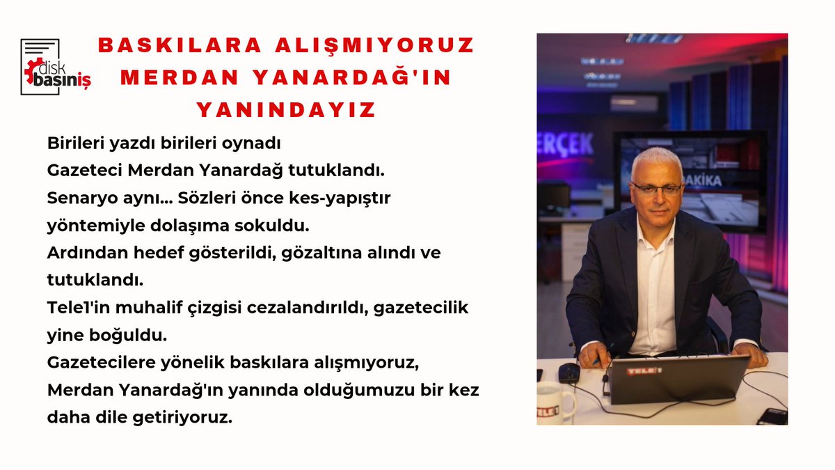 Gazeteci Merdan Yanardağ tutuklandı. Bu kararla Tele1'in muhalif çizgisi cezalandırıldı, gazetecilik yine boğuldu. 
Gazetecilere yönelik baskılara alışmıyoruz, Merdan Yanardağ'ın yanında olduğumuzu bir kez daha dile getiriyoruz