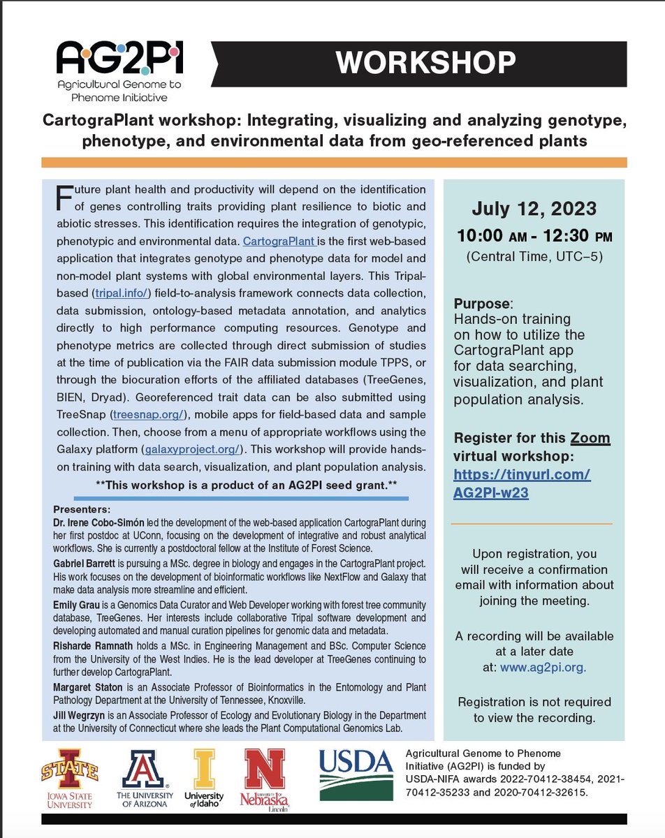 TreeGenes (@treegenes) on Twitter photo FREE workshop on CartograPlant - July 12th! Learn to perform meta-analysis on georeferenced #plant populations #genotype #phenotype #environment AND share YOUR data! <a href="/Treesnapapp/">TreeSnap</a> <a href="/AG2PI/">Agricultural Genome to Phenome Initiative</a> <a href="/USDA_NIFA/">NIFA</a> #FAIRdata <a href="/biocurator/">Int Soc Biocuration</a> <a href="/uconneeb/">UConn EEB Department</a> <a href="/UTKnoxville/">UT Knoxville</a> Register: ag2pi.org/workshops-and-… FREE workshop on CartograPlant - July 12th! Learn to perform meta-analysis on georeferenced #plant populations #genotype #phenotype #environment AND share YOUR data! <a href="/Treesnapapp/">TreeSnap</a> <a href="/AG2PI/">Agricultural Genome to Phenome Initiative</a> <a href="/USDA_NIFA/">NIFA</a> #FAIRdata <a href="/biocurator/">Int Soc Biocuration</a> <a href="/uconneeb/">UConn EEB Department</a> <a href="/UTKnoxville/">UT Knoxville</a> Register: ag2pi.org/workshops-and-…