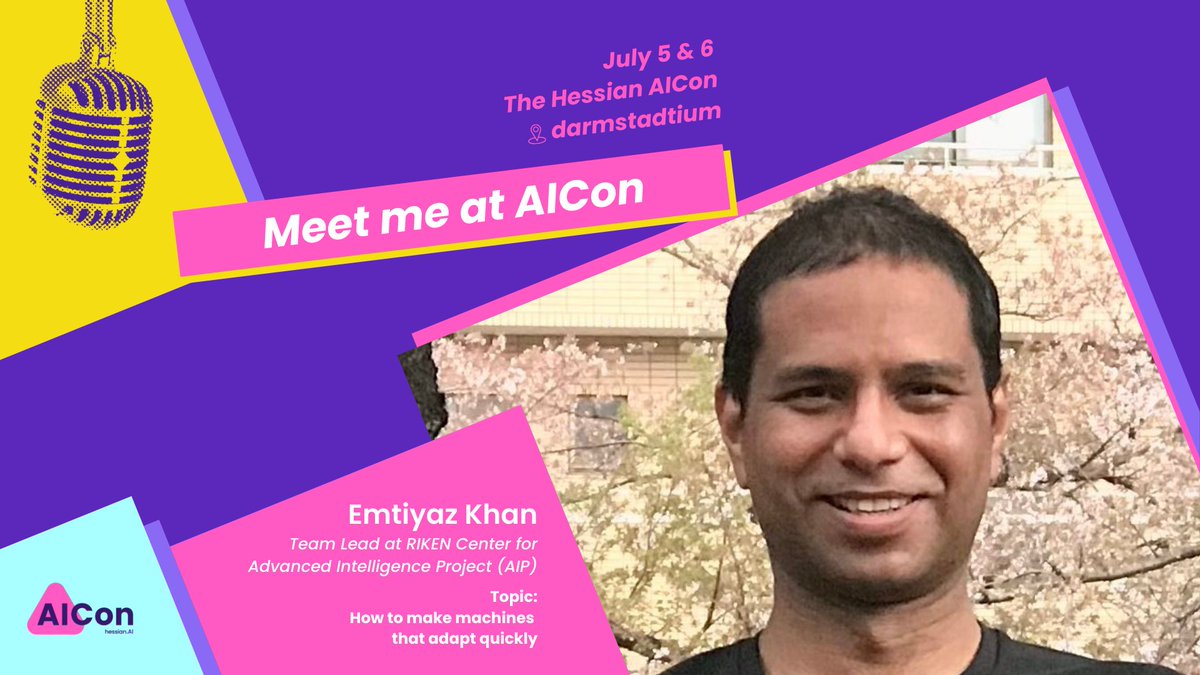 hessian.AI (@hessian_ai) on Twitter photo 👋 Meet <a href="/EmtiyazKhan/">Emtiyaz Khan</a> at The Hessian #AICon on July 5! The Team Leader <a href="/RIKEN_AIP_EN/">RIKEN Center for Advanced Intelligence Project</a> gives a talk on the topic "How to make machines that adapt quickly" around 1:45 p.m. Check out the agenda & speakers 👉 hessian.ai/aicon-2023/day….
Get your free ticket 👉 hessian.ai/aicon-2023/. 👋 Meet <a href="/EmtiyazKhan/">Emtiyaz Khan</a> at The Hessian #AICon on July 5! The Team Leader <a href="/RIKEN_AIP_EN/">RIKEN Center for Advanced Intelligence Project</a> gives a talk on the topic "How to make machines that adapt quickly" around 1:45 p.m. Check out the agenda & speakers 👉 hessian.ai/aicon-2023/day….
Get your free ticket 👉 hessian.ai/aicon-2023/.