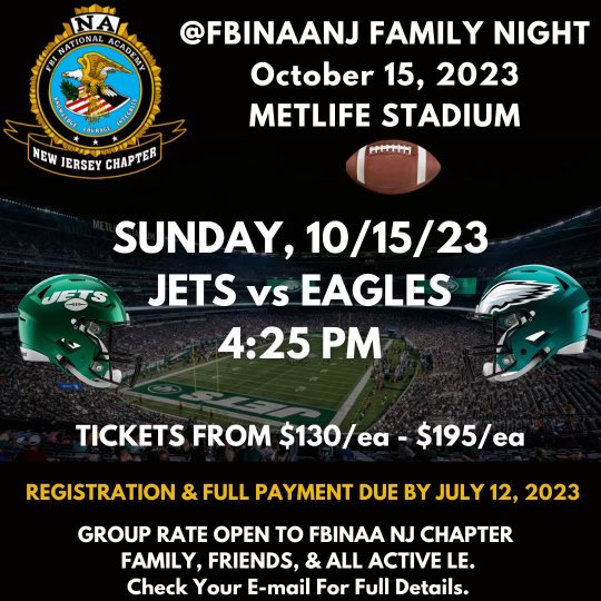 Join us! FBINAANJ Famili Night!  10-15-2024, NYJets vs. Philly Eagles!  Check email for registration and full details. #metlifestadium #nfl #newyorkjets #fbinaanj #familynight