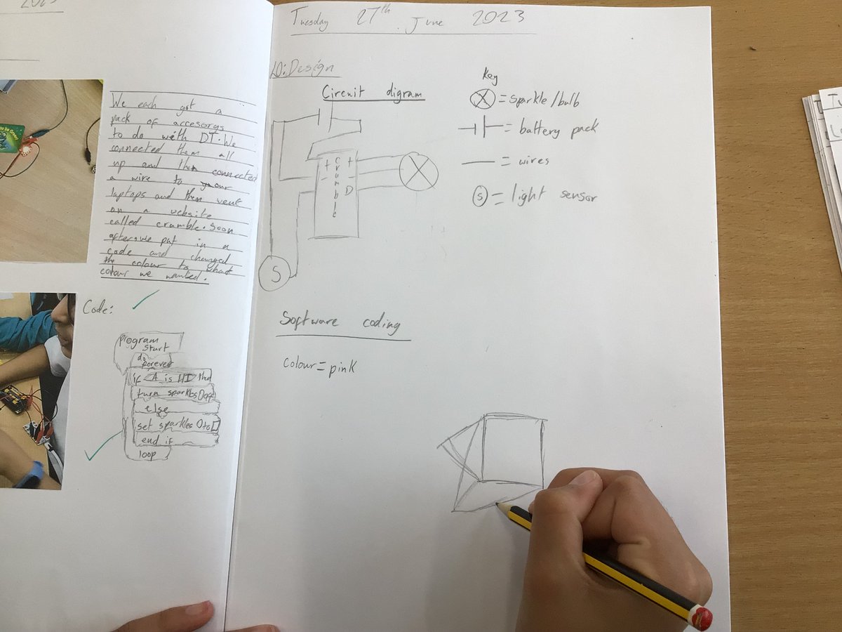 NansenSchool's tweet image. Year 6 have been designing their automatic nightlights in DT. They needed to design a circuit diagram, Crumble software code and the casing to house it all. #DT #monitoringandcontrol