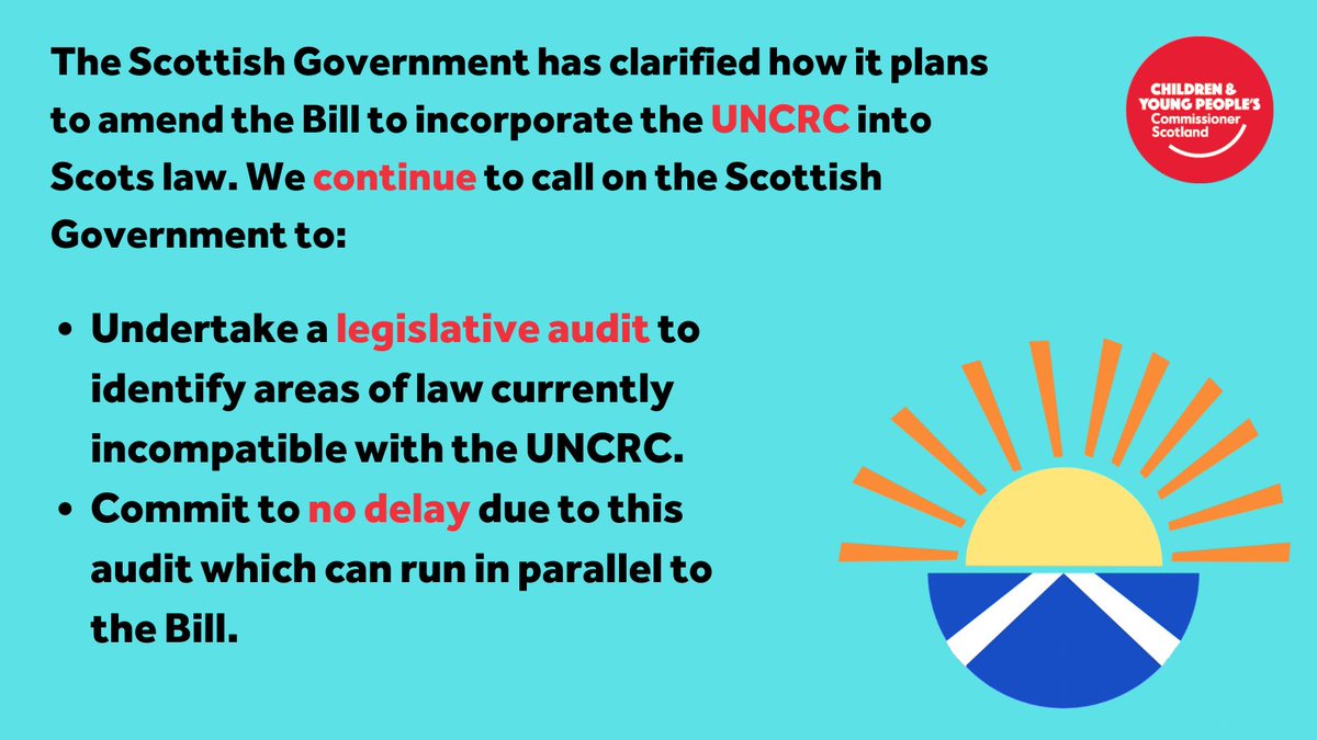 Children and Young People's Commissioner Scotland (@cypcs) on Twitter photo Today <a href="/scotgov/">Scottish Government</a> updated <a href="/ScotParl/">Scottish Parliament</a> on how it plans to amend the #UNCRC Bill. We welcome this long overdue clarification. <a href="/scotgov/">Scottish Government</a> must now urgently pass the legislation and incorporate the #UNCRC to the fullest extent possible. Statement: bit.ly/46jPoCF Today <a href="/scotgov/">Scottish Government</a> updated <a href="/ScotParl/">Scottish Parliament</a> on how it plans to amend the #UNCRC Bill. We welcome this long overdue clarification. <a href="/scotgov/">Scottish Government</a> must now urgently pass the legislation and incorporate the #UNCRC to the fullest extent possible. Statement: bit.ly/46jPoCF