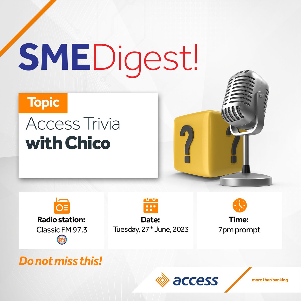 access_more's tweet photo. Tune into Classic FM 97.3 at 7pm today for another episode of SMEDigest
It promises to be exciting!!!
#SMEDigest
#entrepreneur
#AccessMore https://t.co/dkLbiTYZIC