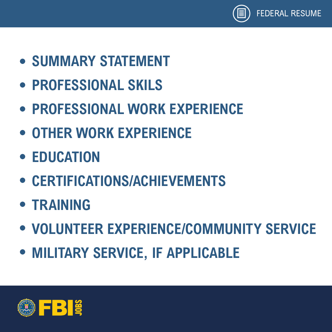 If you guessed the full address of your previous workplace, you're correct! For the federal #resume, you need only the city & state. Creating a resume can be daunting. To make it easier, we've laid out all the sections below. #FBIJobs #FBI #TriviaTuesday 
ow.ly/ILea50OTOkL