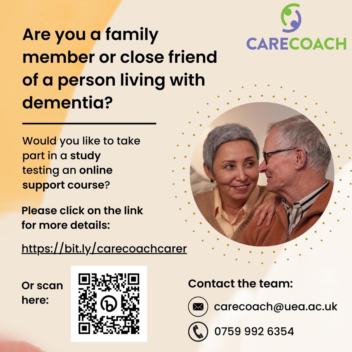 We are looking for people who care (help with appointments, shopping etc) for people living with dementia to test a new online course (CareCoach). Follow the link for more information: bit.ly/carecoachcarer #carer #dementia #support #online #takepartinresearch