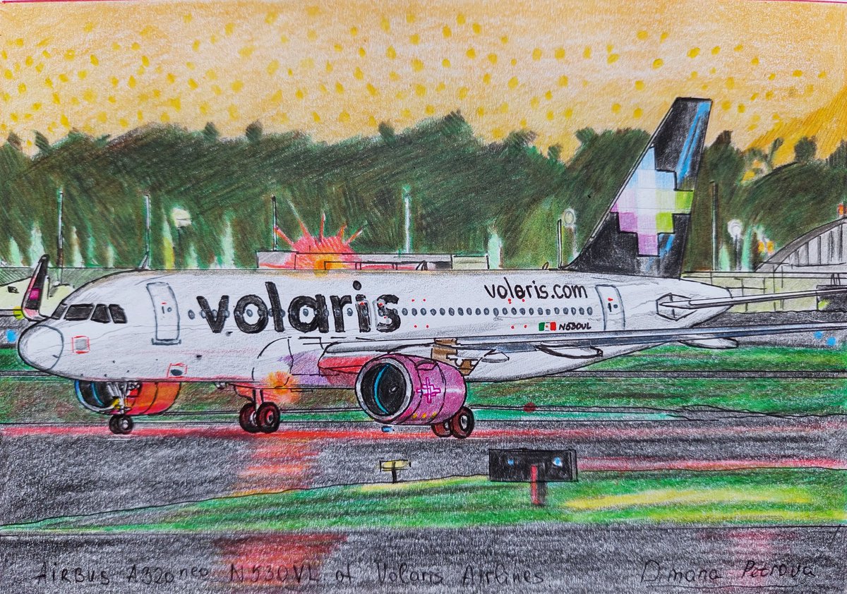 AircraftBy's tweet image. Airbus A320-271n of Volaris Airlines reg. N530VL at Aeropuerto Internacional Licenciado Mexico 🇲🇽
Photographer: Angel Garcia Hdez
Look at the sky! 
Drawn with love and piece of my soul for @flyvolaris @viajaVolaris 
#Volaris #viajaVolaris #flyVolaris #MexicoCity #NewEngineOption