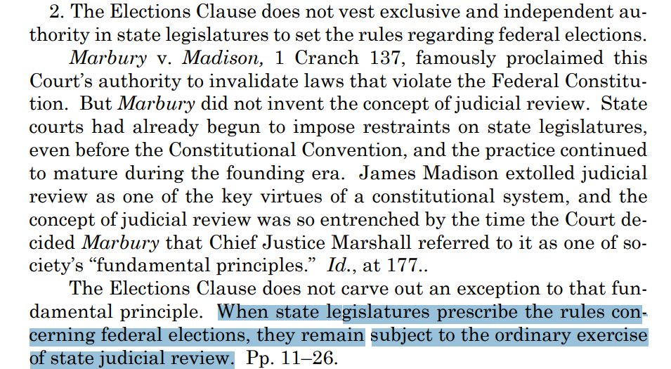 SCOTUS rejects the independent state legislature theory! Thomas, Gorsuch, and Alito dissent. supremecourt.gov/opinions/22pdf… #MoorevHarper #ncpol #ncga