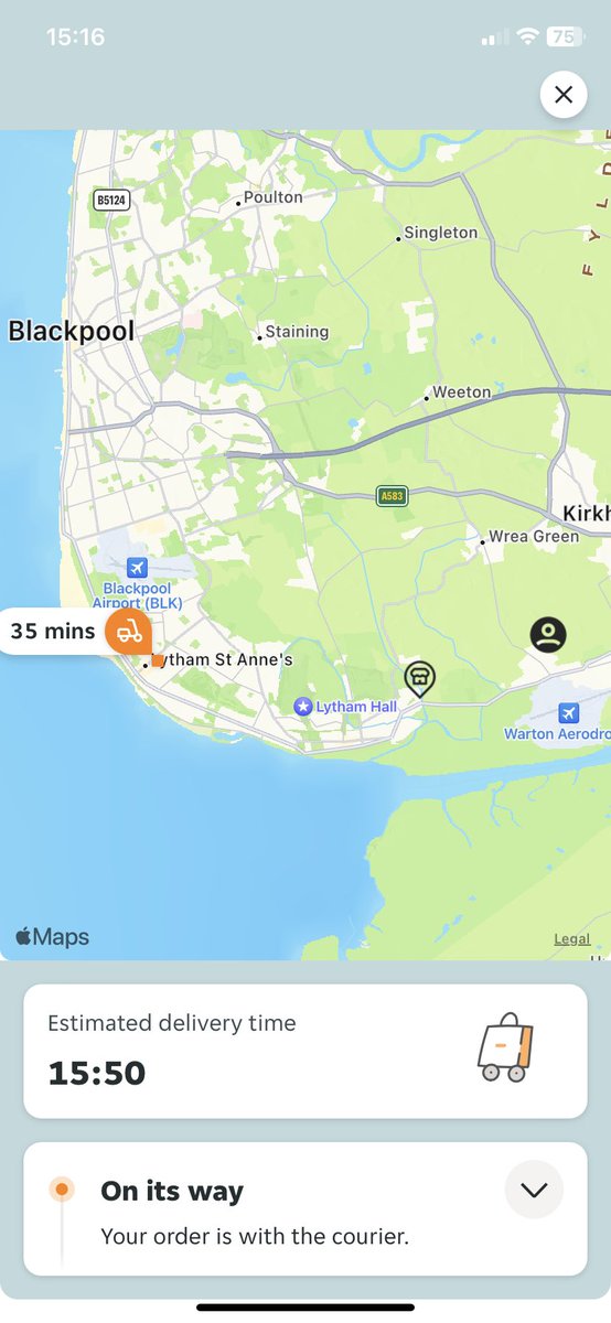 ParkMarker14's tweet photo. @JustEatUK can you explain how this is acceptable? I ordered my food at 14:30 to be delivered at 15:00 courier has picked up my order and driven 35 minutes in the opposite direction?! https://t.co/4NMoZvQy39
