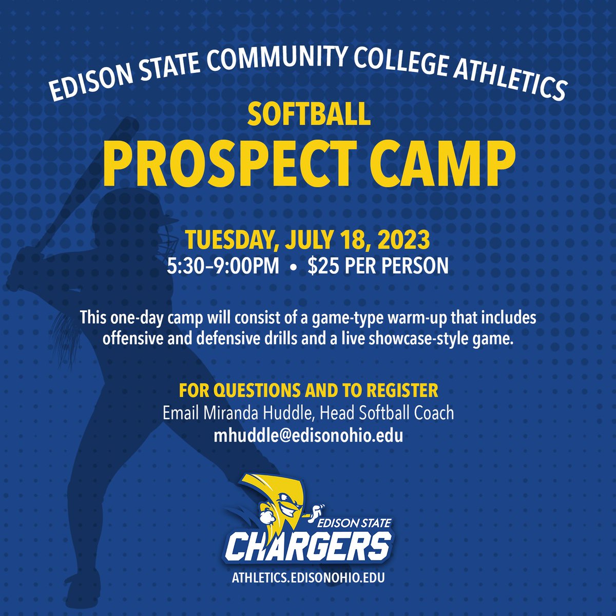 Join us at our Softball Prospect Camp on Tuesday, July 18! Priority will be given to 2024 high school graduates, and 2025 graduates will be considered if spaces remain. ⚡🥎