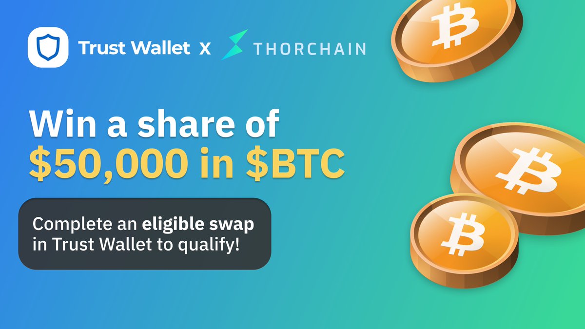 #TrustWallet & #ThorChain are teaming up to give away over $50,000 in $BTC! Plus... there's over 600 chances to win! #TrustWalletThorchain Entry Rules: 💙 Like & RT 💙 Follow @TrustWallet @ThorChain 💙 Complete at least one step below👇 trustwallet.com/blog/trust-wal…