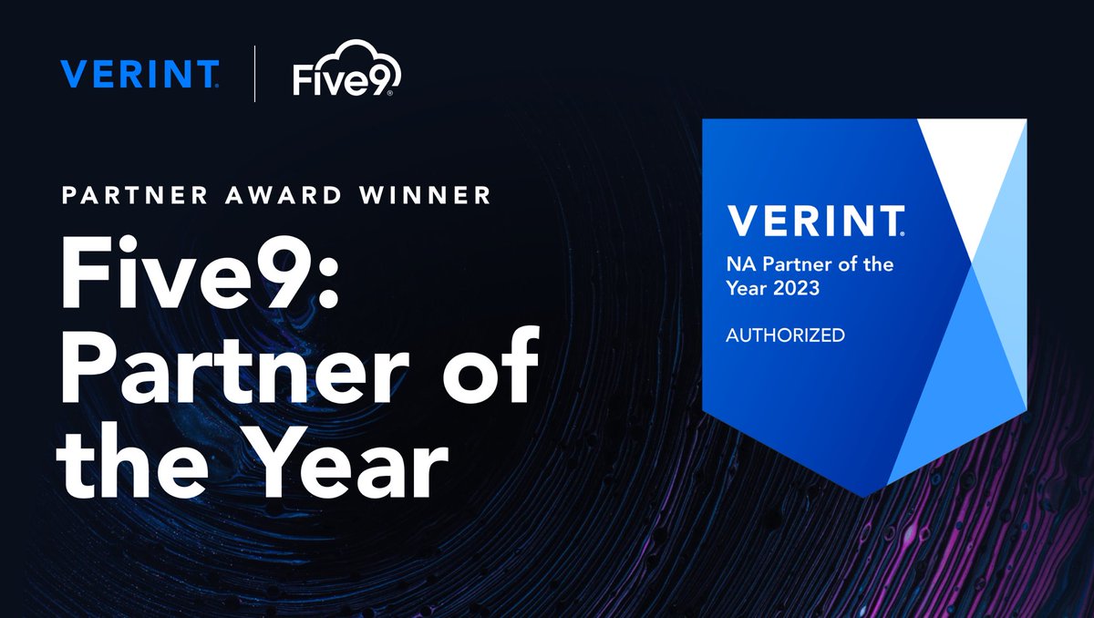 Verint's tweet photo. Today, we are excited to celebrate our Partner of the Year, @Five9! Thank you for your invaluable contributions – you are an inspiration to us all.
 
We were honored to present the award in person at #Engage23 and can’t wait to see what Five9 accomplishes next.
 
Join us in celebrating in the comments below! #VerintPartner