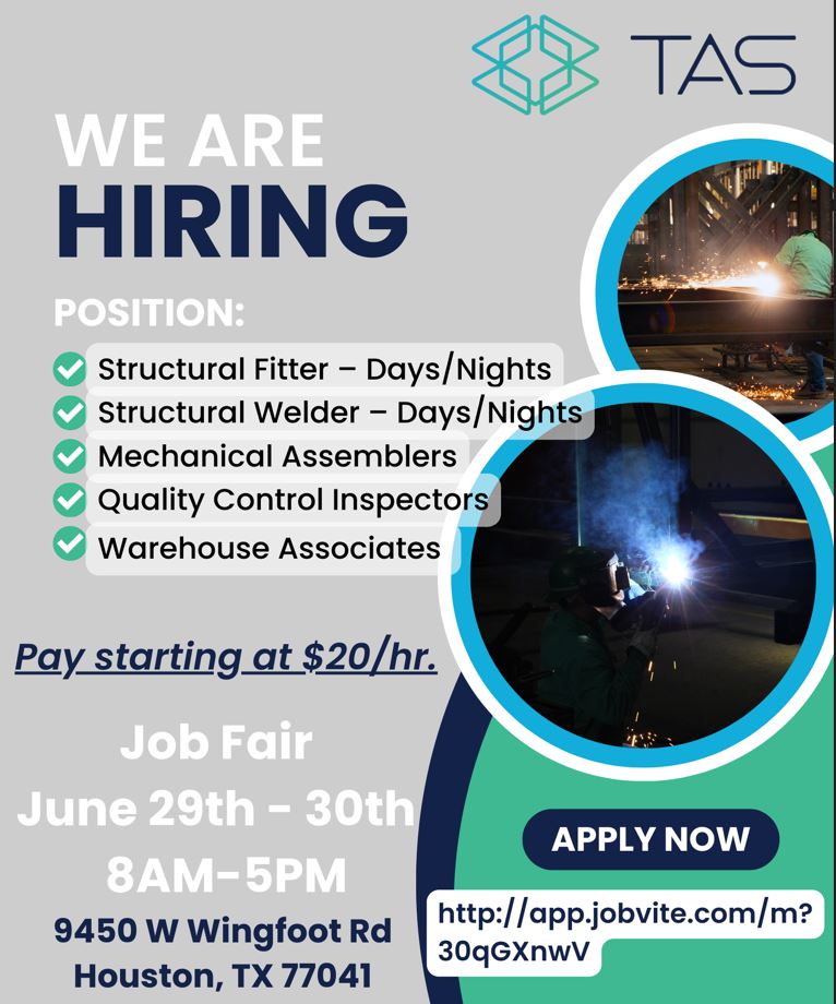 TAS_Energy's tweet photo. WE ARE HIRING! TAS is hosting a Job Fair June 29th - June 30th at 9450 W Wingfoot Rd, Houston, TX 77041. If interested in applying, please go to https://t.co/9V1ML348yq https://t.co/Nfqq0GYf2t