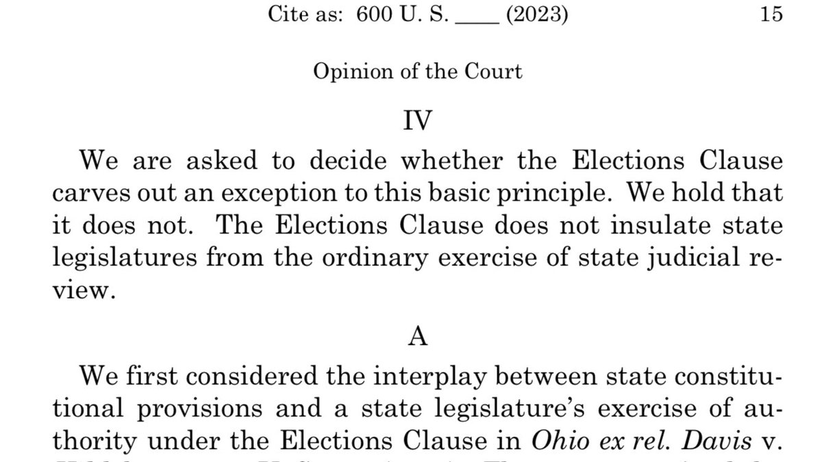 Make this a T-shirt, album cover, whatever. I don’t care. #scotus #ncpol

“The Elections Clause does not insulate state legislatures from the ordinary exercise of state judicial review.” #checksandbalances