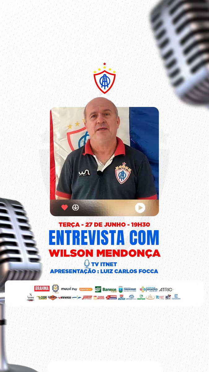 Na noite de hoje (27), o presidente do Itabaiana, Wilson Mendonça, vai conceder uma entrevista à Luiz Carlos Focca, no Itnet Notícias 2ª Edição, da TV Itnet.

O programa inicia às 19h e vocês podem acompanhar através do canal 01 da ITTV e pelo canal da TV Itnet no Youtube. 📺🇫🇷