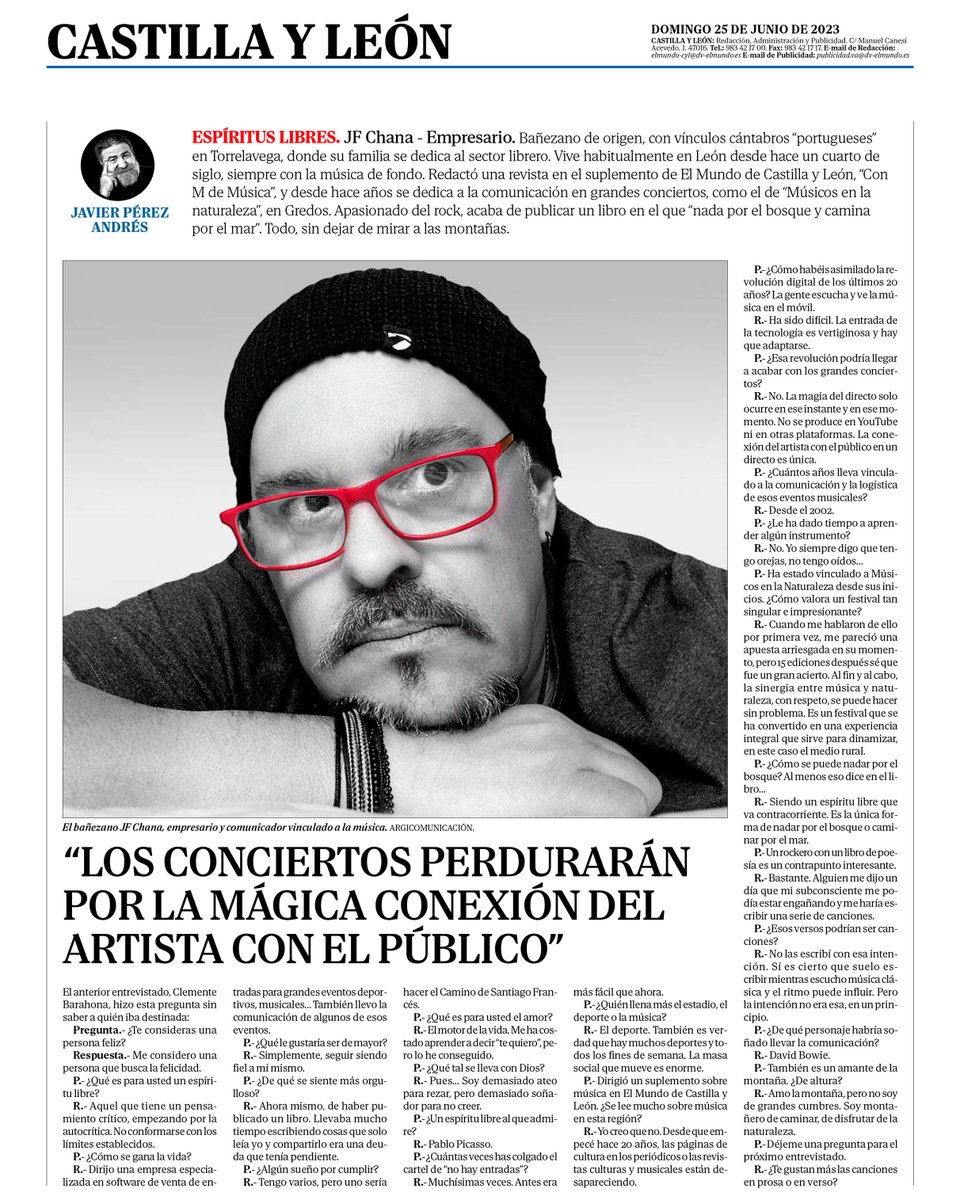 JavierPerezARGI's tweet photo. "La magia del directo solo ocurre en ese instante y en ese momento. No se produce en YouTube ni en otras plataformas. La conexión del artista con el público en un directo es única"
🗞️🗞️ Mi entrevista a @jfchana en @DiarioCyLMundo https://t.co/7ZuTEic2In