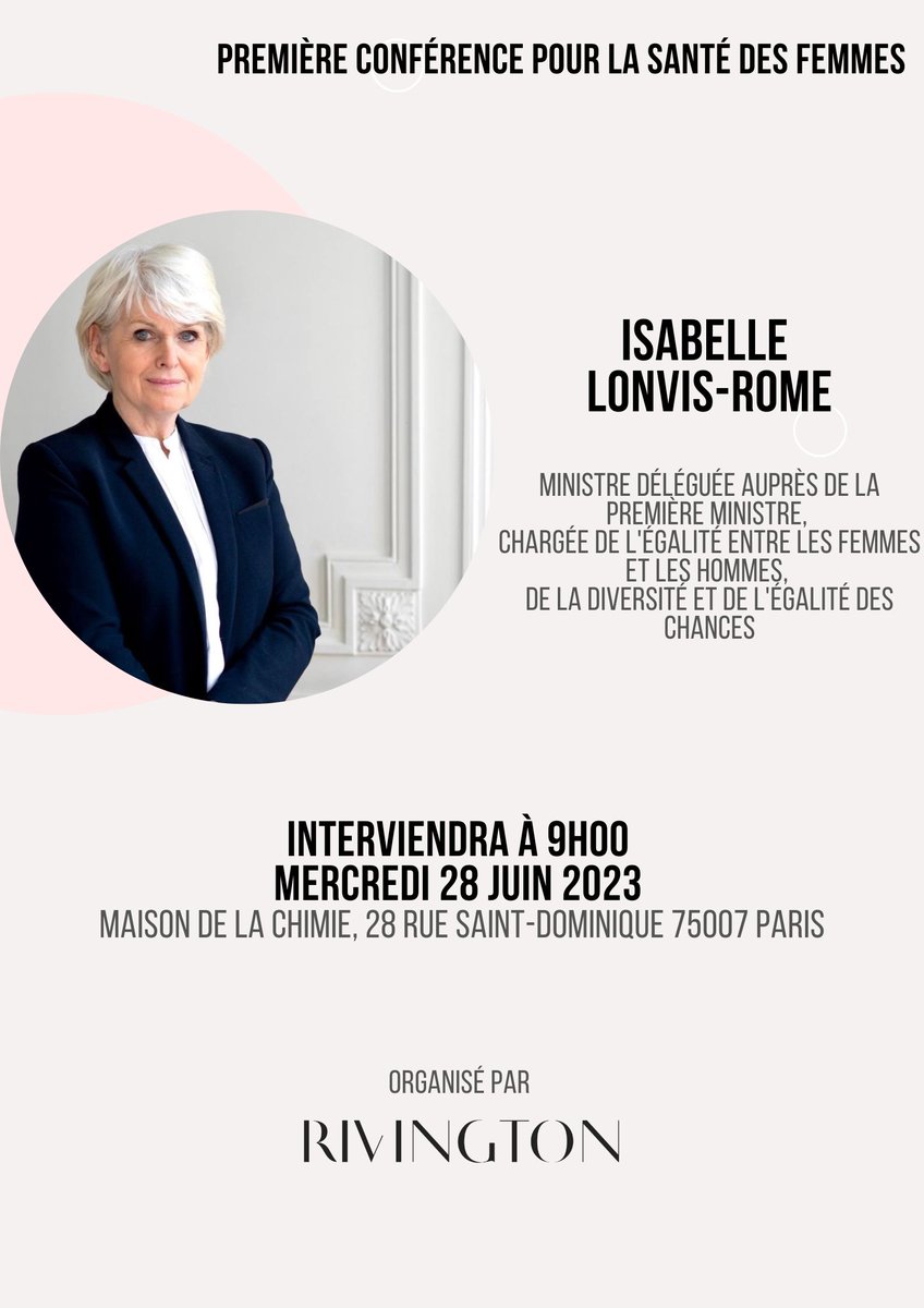 🗓 J-1 avant la Conférence #Santé des Femmes du 28/06 👩🩺👩‍⚕️🏥
🎙<a href="/RomeIsabelle/">Isabelle Rome</a>, Ministre déléguée auprès de la Première ministre, chargée de l'Égalité entre les #femmes et les #hommes, de la #Diversité et de l'Égalité des chances, ouvrira l'événement à 09h00.