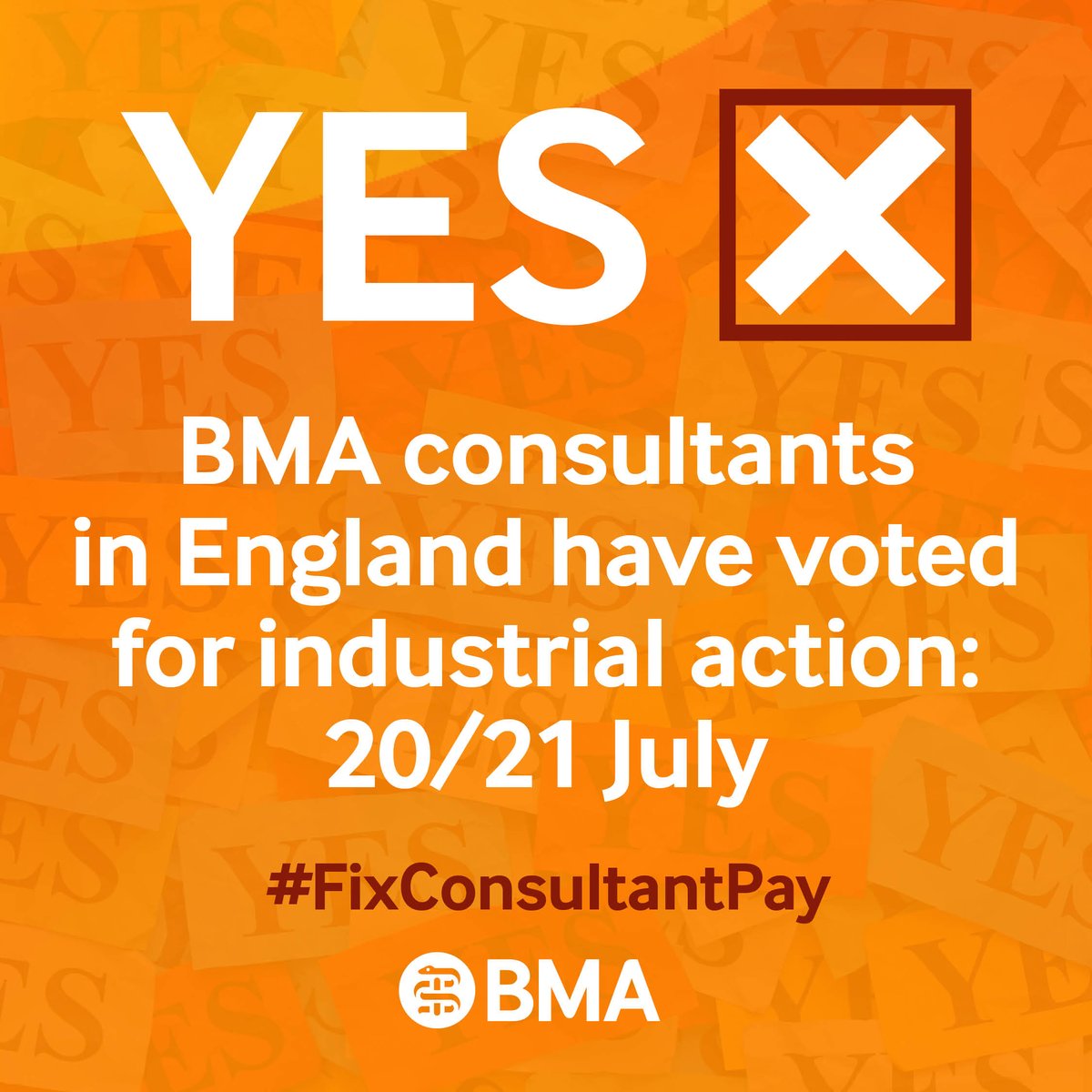 Consultants in England have voted a resounding YES to taking industrial action this July. ✅Turnout: 71.08% ✅Yes votes: 20,741 – 86.08% Together we can #FixConsultantPay now and for the future. Read more: bma.org.uk/consultantspay