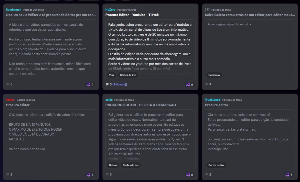 Bom dia, galera! Youtubers, precisam de editores de vídeo? Cola no Servidor do Discord e manda sua mensagem no chat de # procuro-editor que os editores vão te procurar! Uma maneira bacana de facilitar a interação e contato de todos nós! 😊

discord.gg/avDhNUbSEF