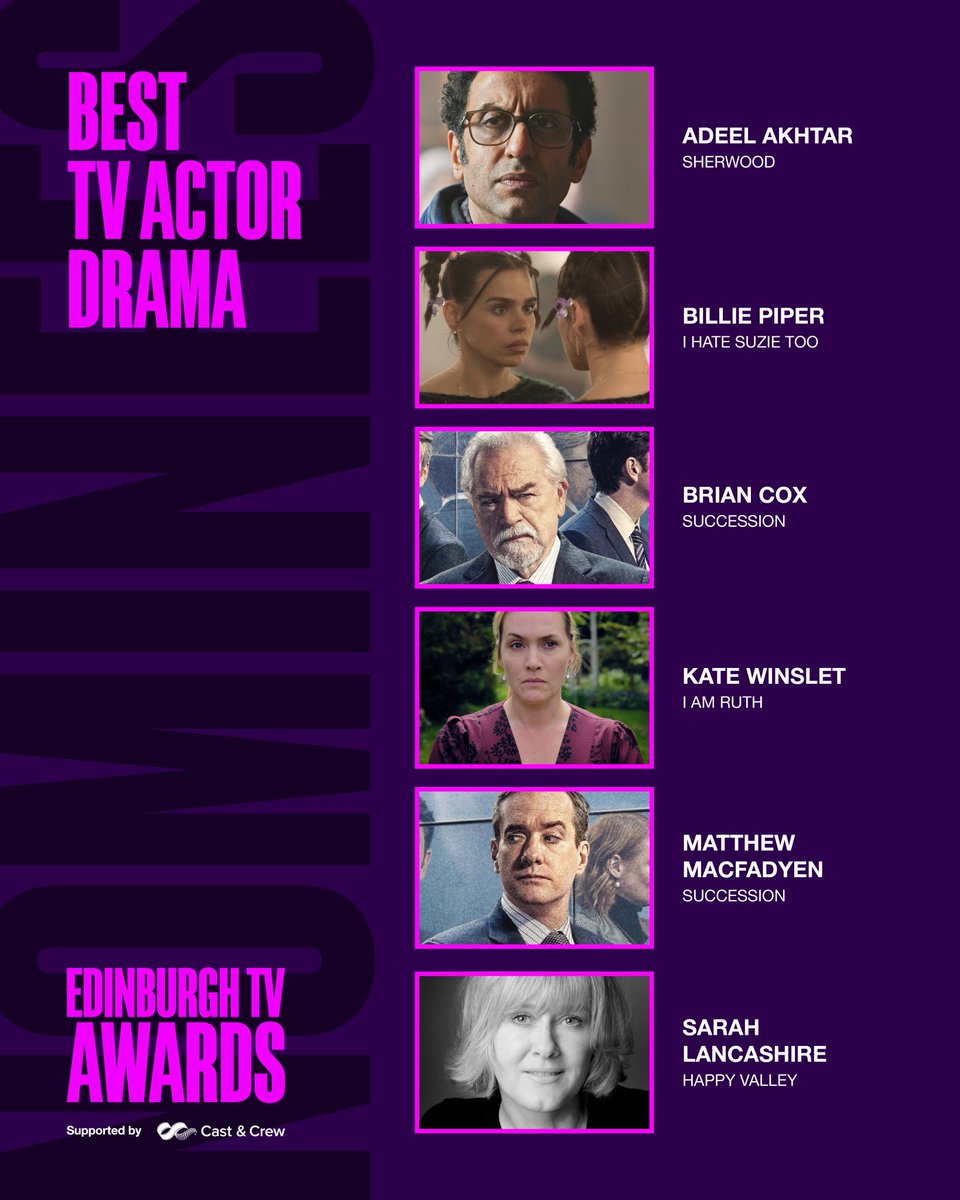 JMHallett19935's tweet photo. Congratulations to all the nominees for best TV Drama actor at the Edinburgh TV Awards.
What a strong list!
#briancox #loganray #matthewmacfadyen #tomwambsgans #Succession #billiepiper #ihatesuzietoo #adeelakhtar #sherwood #katewinslet #iamruth #sarahlancashire #happyvalley https://t.co/qfpMabHEkj