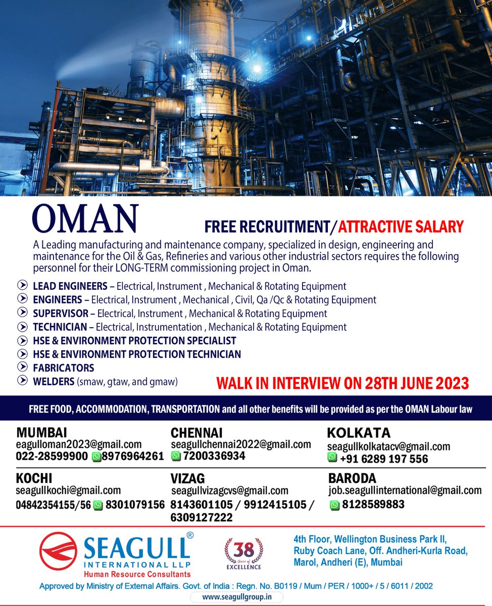 hrd1_seagull's tweet photo. OMAN JOBS- FREE RECRUITMENT
WALK IN INTERVIEW ON 28th JUNE 2023
.
.
.
#leadengineer #supervisor #fabricators #welders #supervisor #mumbaijobs #chennaijobs #omanjobs #kochijobs #vizagjobs #barodajobs #kolkatajobs https://t.co/7NDii6LRyx
