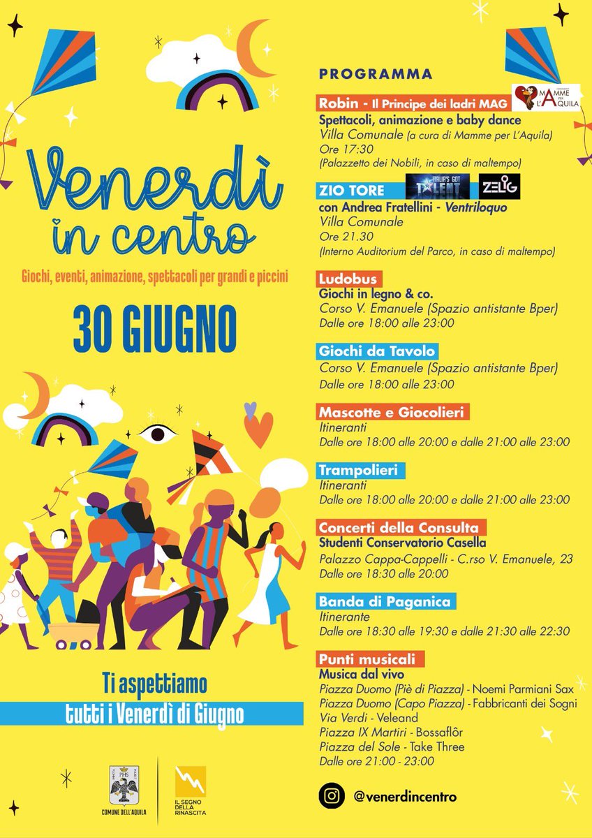 Ultimo appuntamento il #30giugno con la rassegna di eventi “Venerdì in centro” a #laquila. Non mancare!