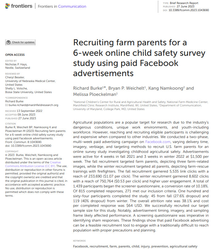 AgInjuryNews's tweet photo. "These findings show that paid Facebook advertising can be a feasible recruitment tool to engage with a traditionally difficult to reach population, with proper precautions and planning." https://t.co/7B46yi051T @NCCRAHS @FarmMedicine @UofMary https://t.co/oiAtvPex2I