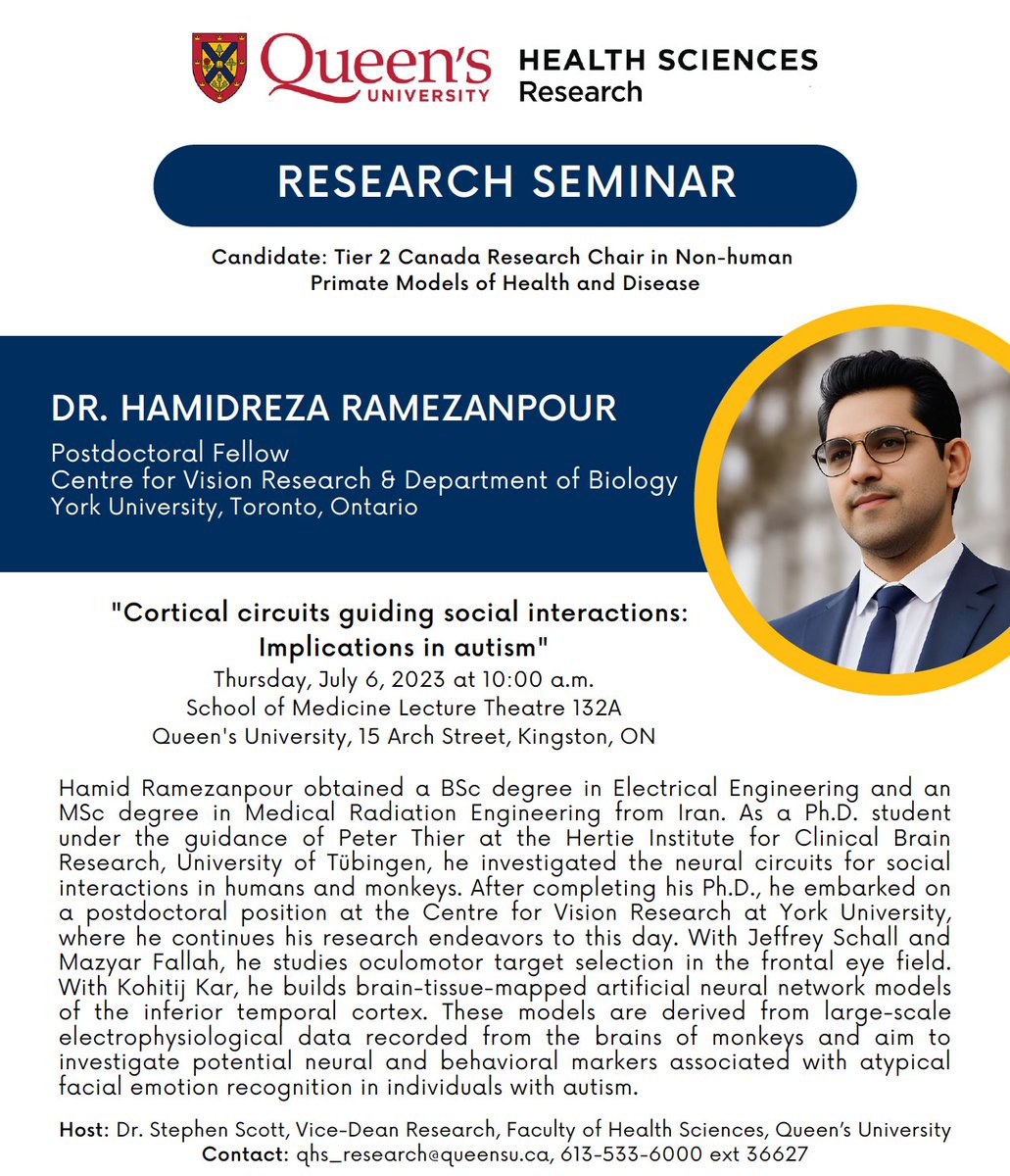 Dr. Ramezanpour is the first candidate for the Tier 2 CRC in NHP Models of Health &amp; Disease, and is giving talks on July 6:
10am: lecture SMB 132A 
11:30am: chalk talk SMB 021 - RSVP QHS_Research@queensu.ca <a href="/QueensUHealth/">Queen's Health Sciences</a> 
4:15pm: meeting CNS faculty, RSVP QHS_Research@queensu.ca